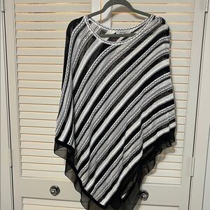 Zozo Black White Gray Striped Lightweight Knit Poncho with Sheer Black Trim M/L